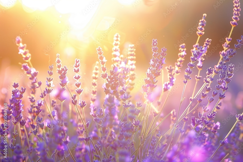 Lavender fields in full bloom at sunset, showcasing vibrant purple flowers under a warm, golden light in a serene natural setting Lavender fields in full bloom at sunset, showcasing vibrant purple flowers under a warm, golden light in a serene natural setting