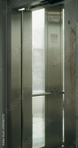 Wallpaper Mural A woman in formal clothes and a coat uses a mobile phone coming out of the elevator. She's rolling a suitcase Torontodigital.ca