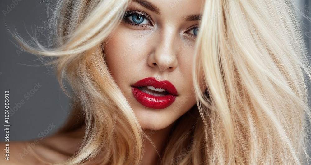 Close-up portrait of an elegant blonde woman with flowing hair and striking red lipstick, exuding confidence and glamour against a solid background.
Close-up portrait of an elegant blonde woman with flowing hair and striking red lipstick, exuding confidence and glamour against a solid background.