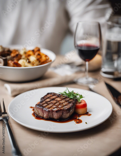 A perfectly grilled steak is presented on a white plate in a luxury restaurant with a bright background.






 photo