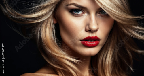 Close-up portrait of an elegant blonde woman with flowing hair and striking red lipstick, exuding confidence and glamour against a solid background.

