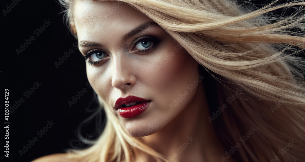 Fototapeta premium Close-up portrait of an elegant blonde woman with flowing hair and striking red lipstick, exuding confidence and glamour against a solid background.