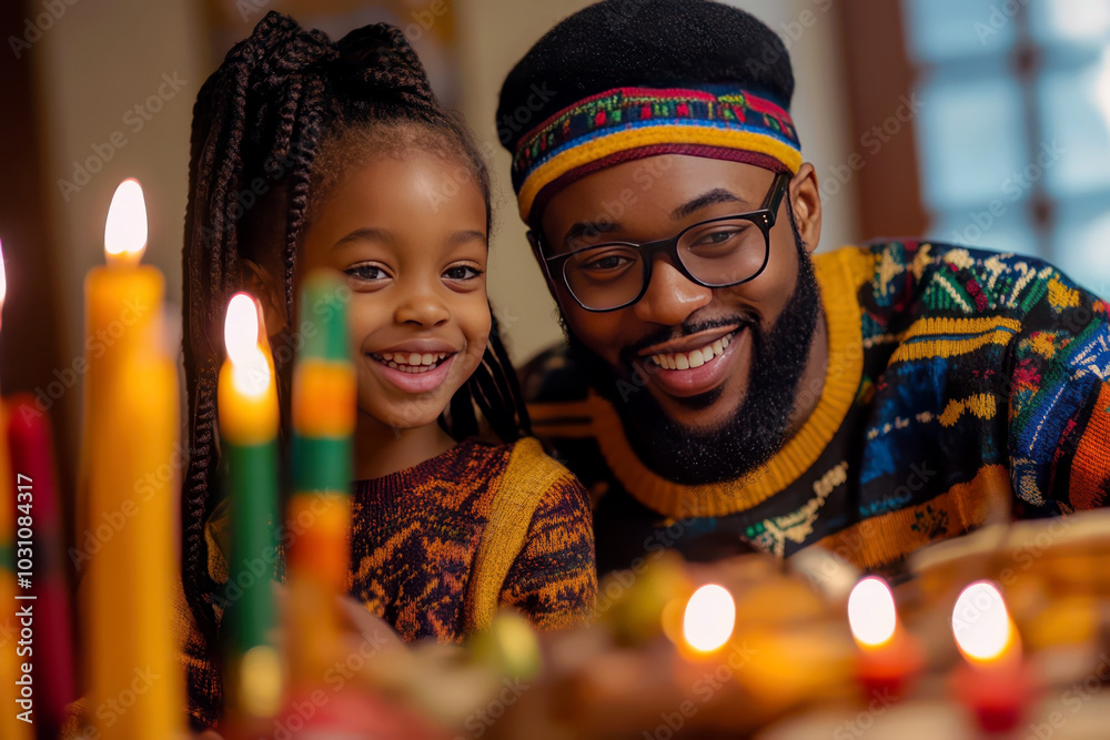 Happy Kwanzaa. Happy African-American family at the festive table with burning candles. Annual celebration of African-American culture Happy Kwanzaa. Happy African-American family at the festive table with burning candles. Annual celebration of African-American culture