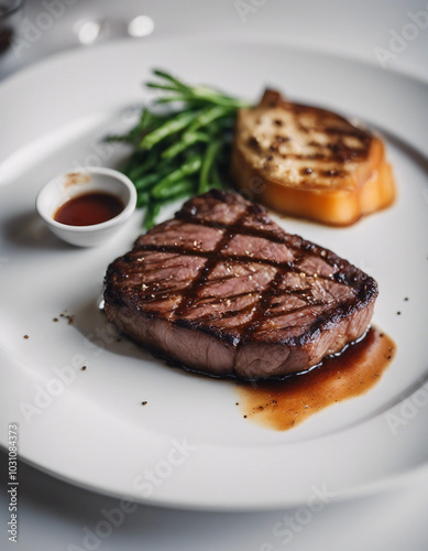 A perfectly grilled steak is presented on a white plate in a luxury restaurant with a bright background.






 photo