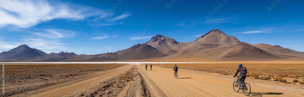 panorama of the mountains and desert with people on bicycles riding the road panorama of the mountains and desert with people on bicycles riding the road