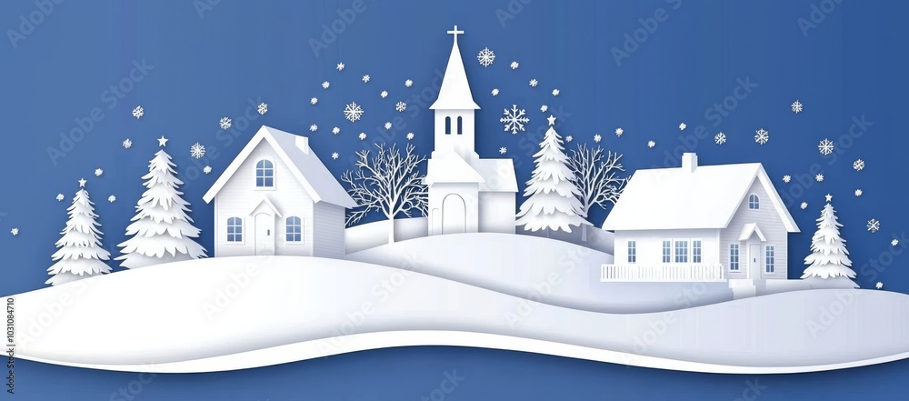 White houses, fir trees, and a seamless border surround this fairy tale winter landscape. Winter village. Modern illustration. White houses, fir trees, and a seamless border surround this fairy tale winter landscape. Winter village. Modern illustration.
