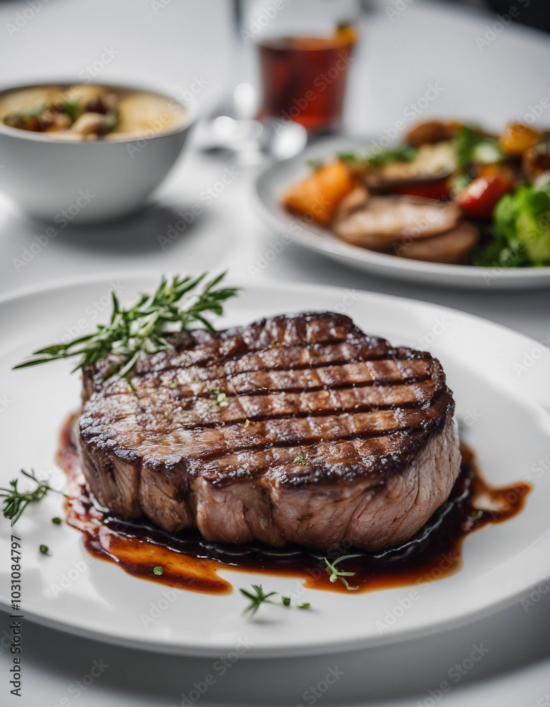 A perfectly grilled steak is presented on a white plate in a luxury restaurant with a bright background.
A perfectly grilled steak is presented on a white plate in a luxury restaurant with a bright background.