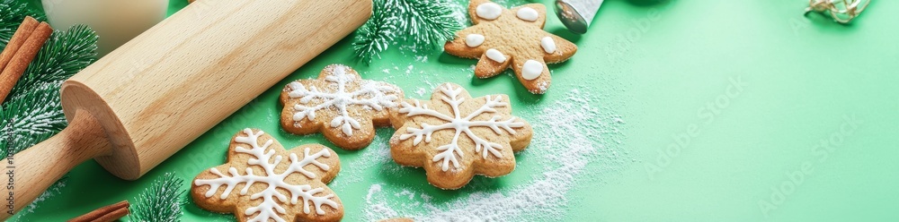 The Christmas, New Year kitchen background includes baking ingredients and utensils such as flour, rolling pin, gingerbread, milk, and eggs. Making festive sweet cookies. The Christmas, New Year kitchen background includes baking ingredients and utensils such as flour, rolling pin, gingerbread, milk, and eggs. Making festive sweet cookies.