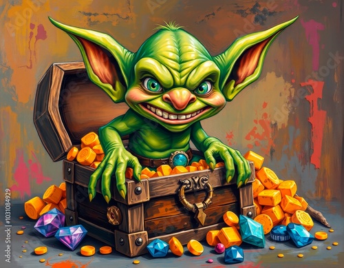 Greedy goblin grinning wickedly over treasure chest against colorful abstract background photo