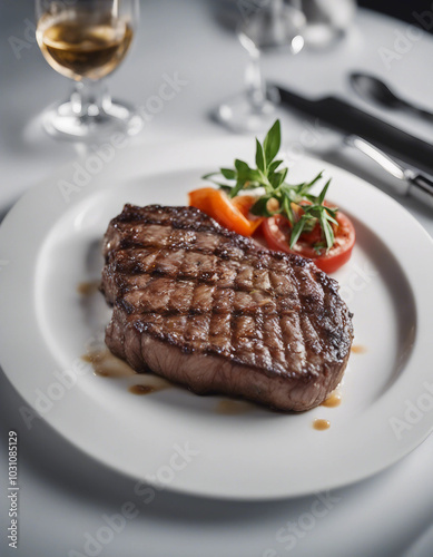 A perfectly grilled steak is presented on a white plate in a luxury restaurant with a bright background.






 photo