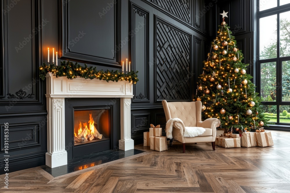 A beautiful Christmas tree and decorative fireplace decorate the interior of this stylish room A beautiful Christmas tree and decorative fireplace decorate the interior of this stylish room