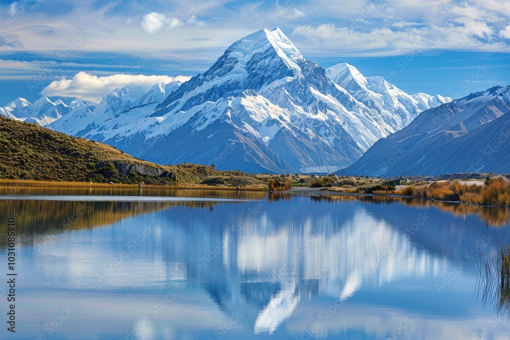 Lush evergreen forest reflects in a tranquil lake with towering mountains and misty clouds during a serene morning at a national park Lush evergreen forest reflects in a tranquil lake with towering mountains and misty clouds during a serene morning at a national park