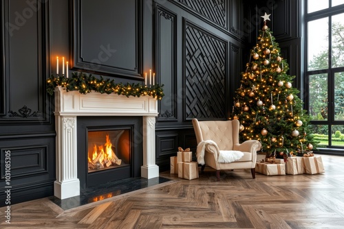 A beautiful Christmas tree and decorative fireplace decorate the interior of this stylish room