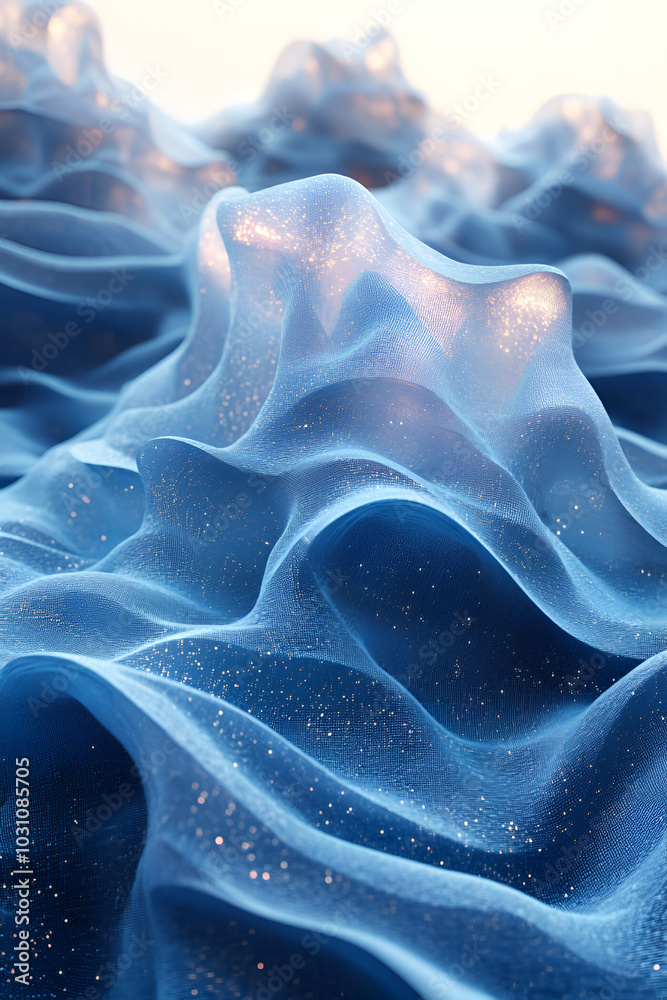 Obraz premium A swirling abstract pattern of translucent blue fabric with shimmering highlights, resembling ocean waves or a dreamy landscape.