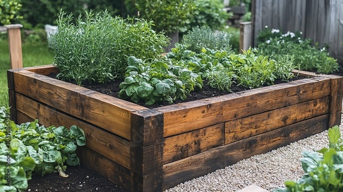 A raised garden bed with a variety of green plants and herbs.