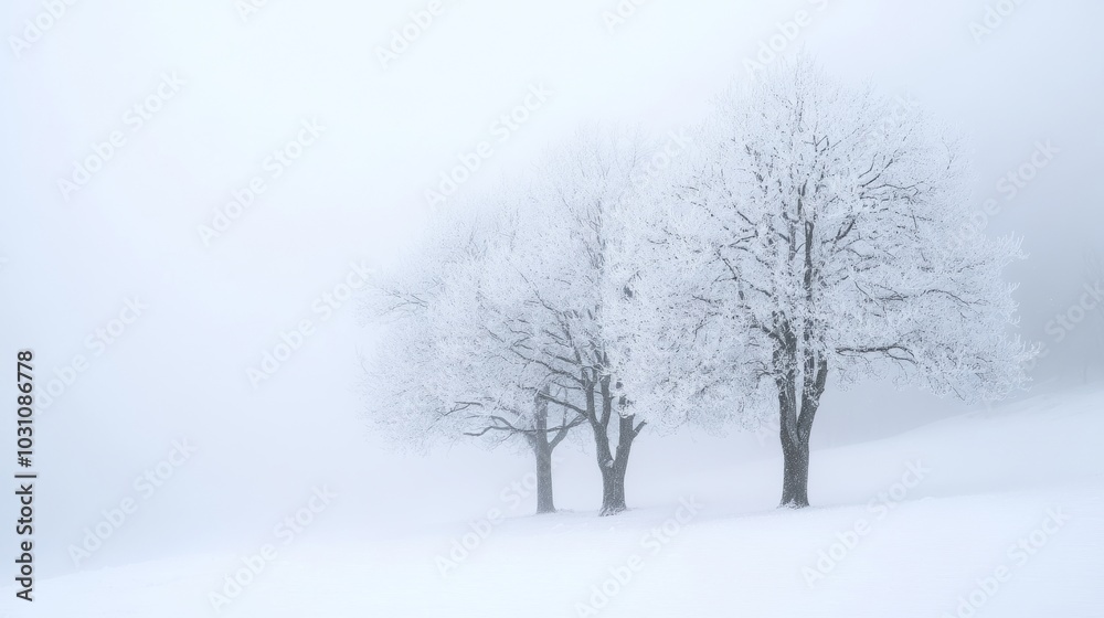 Two Bare Winter Trees with Frost-Covered Branches Standing Against a Foggy Background and Snowy Ground Two Bare Winter Trees with Frost-Covered Branches Standing Against a Foggy Background and Snowy Ground