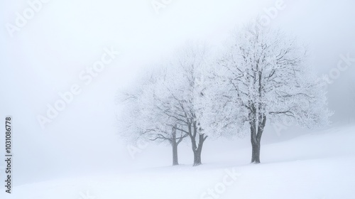Wallpaper Mural Two Bare Winter Trees with Frost-Covered Branches Standing Against a Foggy Background and Snowy Ground Torontodigital.ca