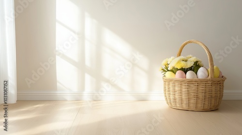 Wallpaper Mural Wicker Basket With Colorful Easter Eggs And Yellow Flowers In Sunlight On White Wall Background Torontodigital.ca