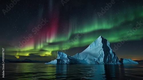 A large iceberg sits in the water with the aurora borealis in the background. photo