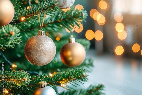 Stunning fir branch with a golden bauble or ball, christmas ornaments and lights. Christmas holidays background.Copy space. Decoration on the Christmas tree. A wonderful start to the new year of