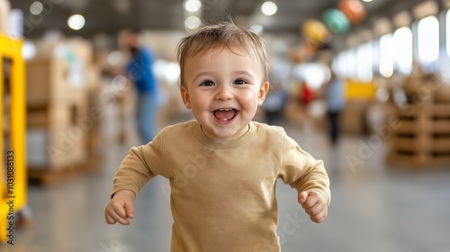 Joyful toddler boy in a tan shirt running through a vibrant store, surrounded by colorful toys and joyful atmosphere