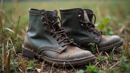 Abandoned broken military boots covered in mud in a field