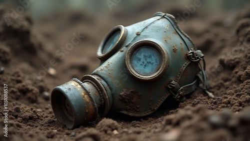 Gas mask with cracked lenses in dirt symbolizing horrors of chemical warfare