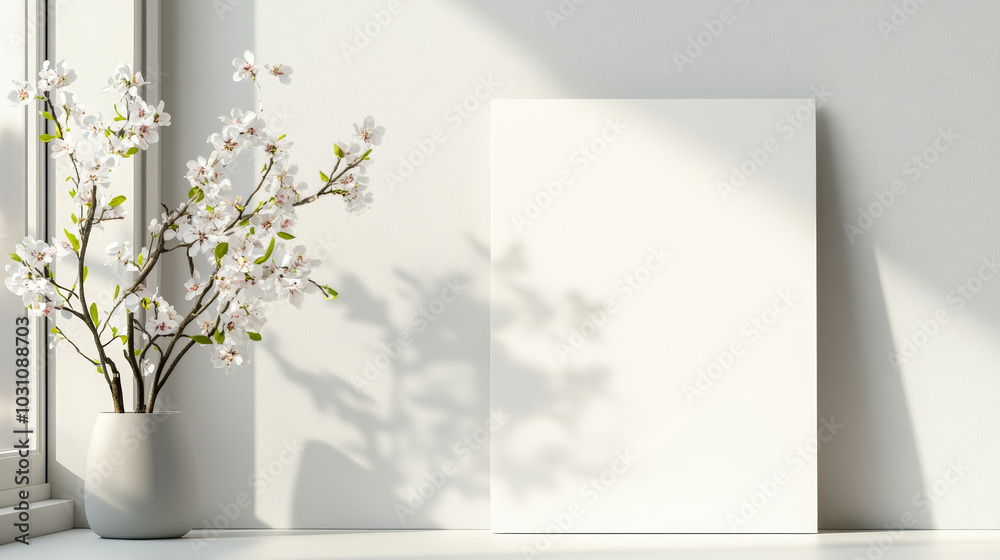 Minimalist bright composition with a white canvas leaning on a wall, perfect for showcasing artwork or designs Minimalist bright composition with a white canvas leaning on a wall, perfect for showcasing artwork or designs