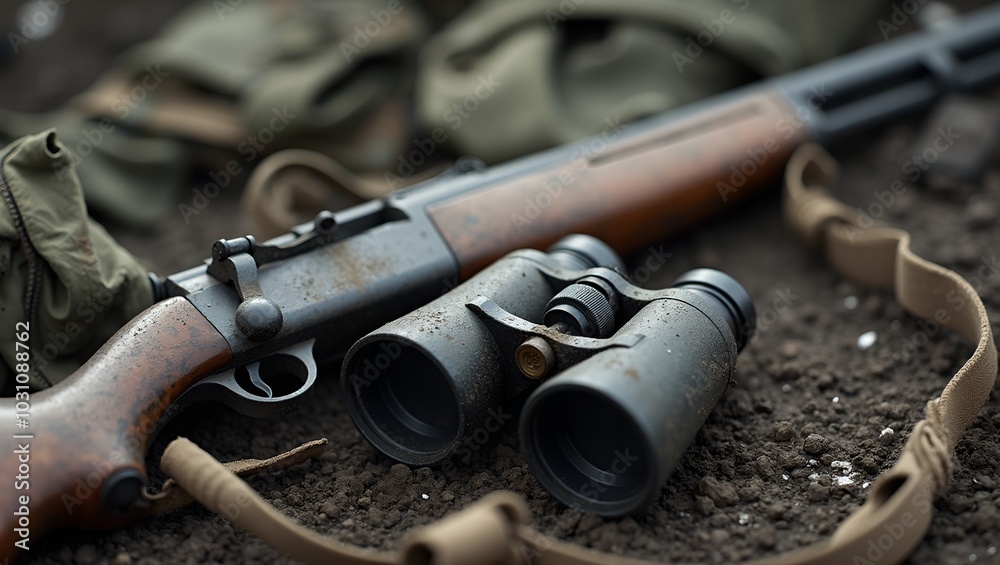 Obraz premium Binoculars and rifle abandoned in war zone symbol of loss and turmoil