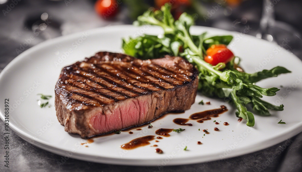 A perfectly grilled steak is presented on a white plate in a luxury restaurant with a bright background.
A perfectly grilled steak is presented on a white plate in a luxury restaurant with a bright background.