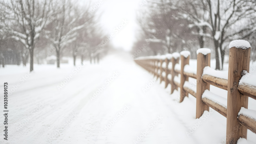 Naklejka premium Snow-covered wooden fence bordering a road with tire tracks, leading through an avenue of trees during snowfall