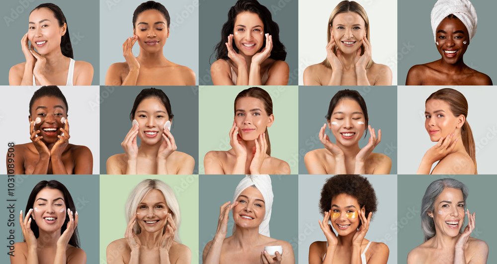 A group of women from various backgrounds are applying skincare products while smiling. Each woman is engaged in a different routine, showcasing the diversity of beauty practices and appearances.