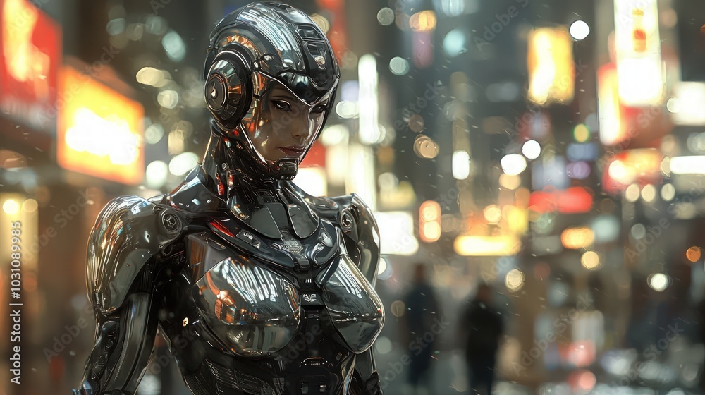 In a blurred urban backdrop, a female cyborg, adorned in reflective metallic armor, stands poised.