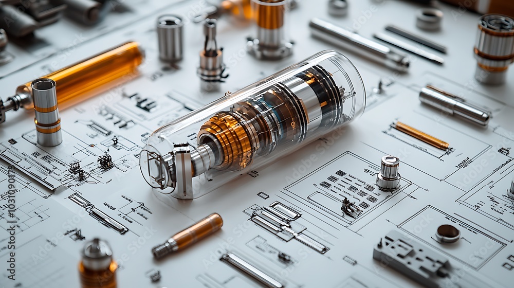 A flat lay of a hydrogen fuel cell with diagrams and technical schematics, representing the components of hydrogen energy technology. A flat lay of a hydrogen fuel cell with diagrams and technical schematics, representing the components of hydrogen energy technology.