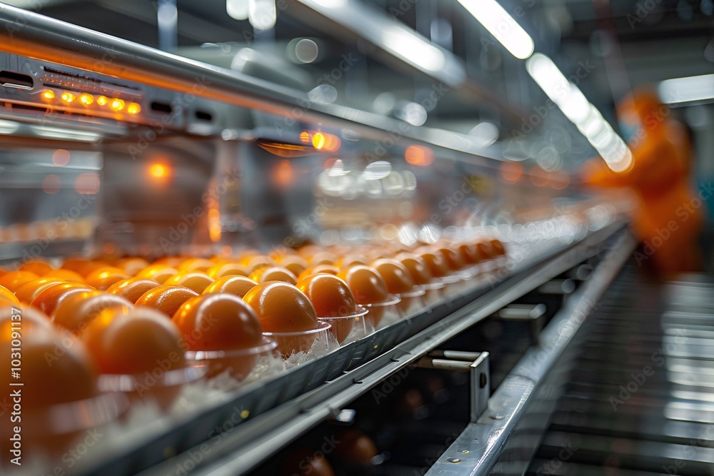 Fresh eggs are carefully placed in trays on a conveyor belt in a food production facility. The smooth operation highlights the automated processes used for quality control in egg packaging. Fresh eggs are carefully placed in trays on a conveyor belt in a food production facility. The smooth operation highlights the automated processes used for quality control in egg packaging.