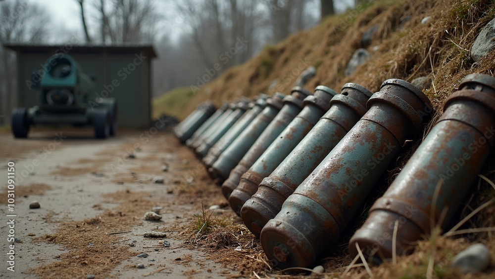 Obraz premium Rusty artillery shells in a row by bunker ready for use