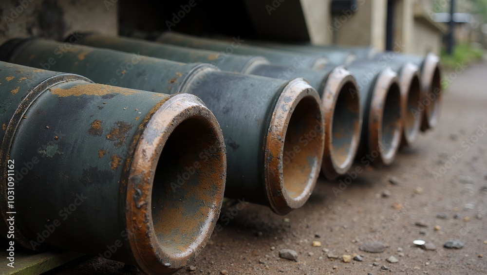 Obraz premium Rusty artillery shells in a row by bunker ready for use