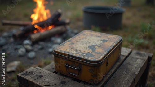 Vintage military ration tin on crate with campfire and mess kit photo