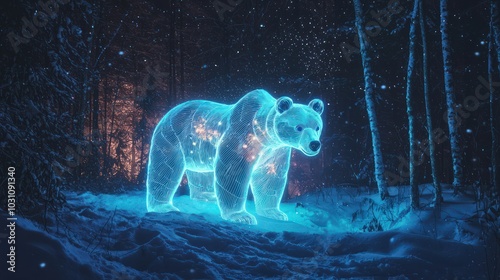Neon bear light sculpture in a snowy forest at night, with stars creating a magical winter scene