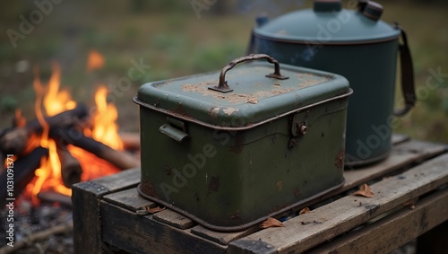 Vintage military ration tin on crate with campfire and mess kit