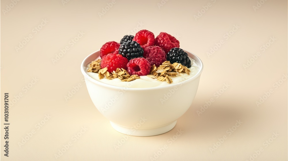 A delicious bowl of yogurt topped with fresh berries and granola against a soft pastel background. A delicious bowl of yogurt topped with fresh berries and granola against a soft pastel background.