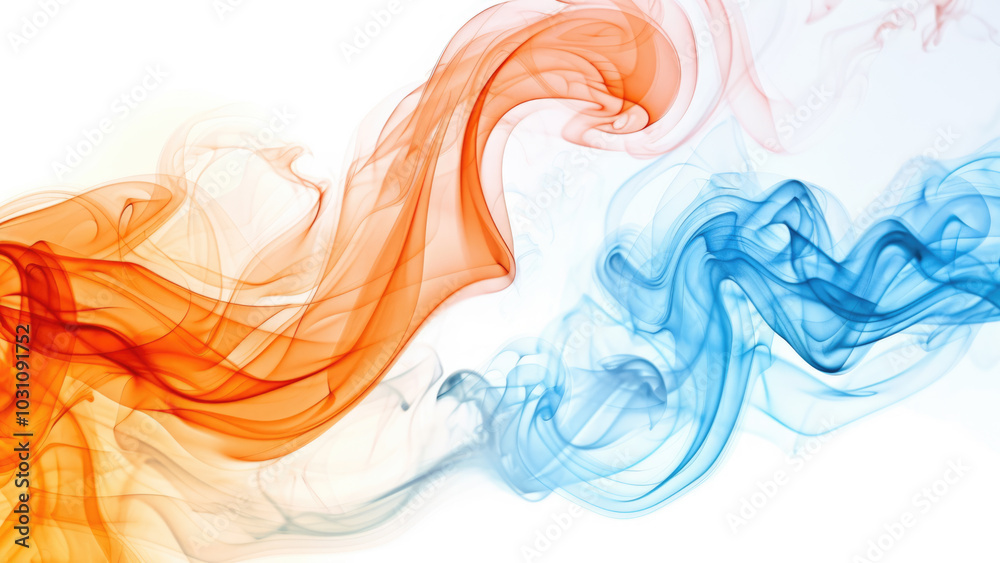 Abstract swirling patterns of orange and blue smoke on a white background Abstract swirling patterns of orange and blue smoke on a white background