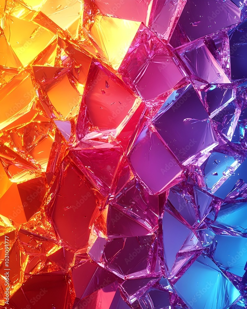 Abstract background of iridescent, faceted crystals in shades of yellow, red, purple, and blue. Abstract background of iridescent, faceted crystals in shades of yellow, red, purple, and blue.