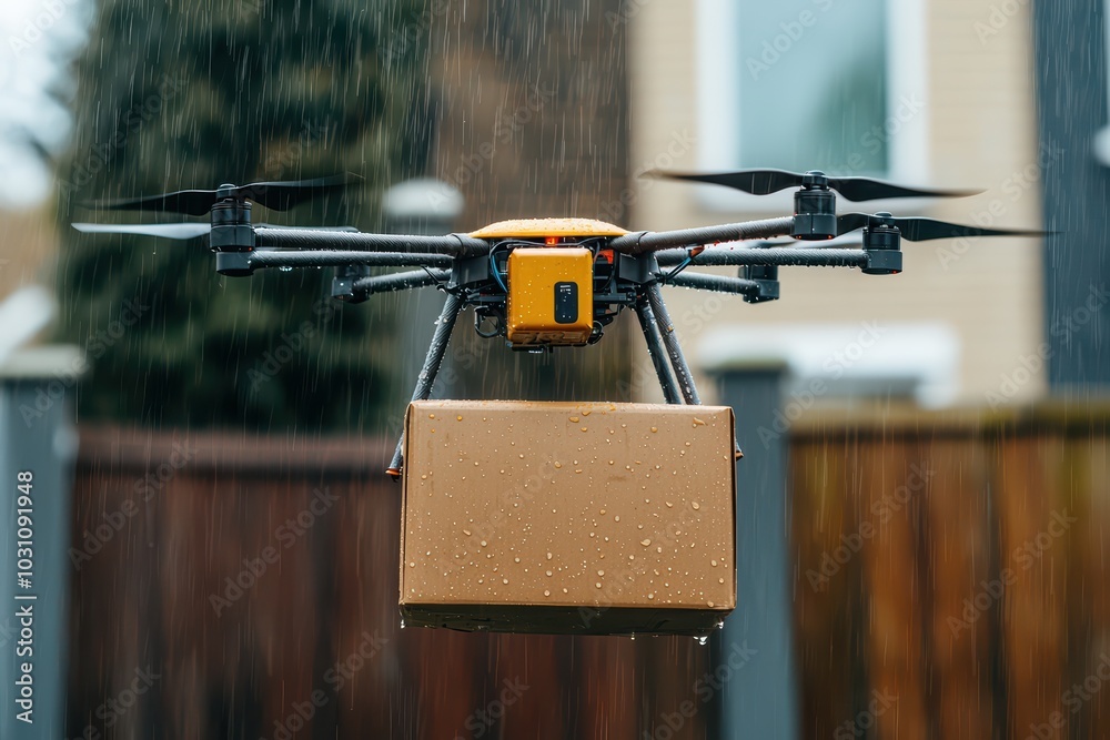 A drone delivering a package in the rain, showcasing modern delivery methods. A drone delivering a package in the rain, showcasing modern delivery methods.