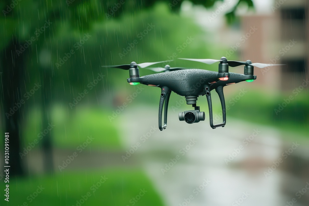 A drone flying over a rainy landscape, capturing aerial footage amidst the green surroundings and wet pavement. A drone flying over a rainy landscape, capturing aerial footage amidst the green surroundings and wet pavement.