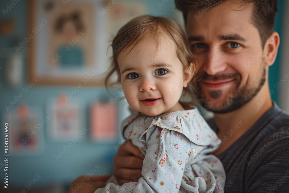 A father holds his smiling daughter close, both radiating happiness in a warm, inviting room decorated with colorful artwork. Their bond captures a heartwarming family moment A father holds his smiling daughter close, both radiating happiness in a warm, inviting room decorated with colorful artwork. Their bond captures a heartwarming family moment