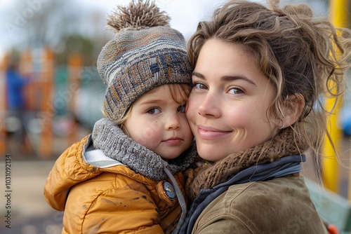 A mother embraces her young child at a playground, showcasing joy and warmth despite the chilly weather. The child wears a cozy hat and the bond between them is evident