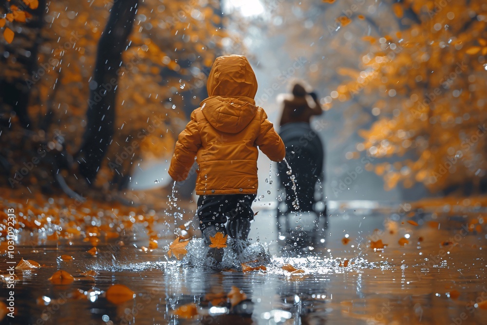 A child in a bright yellow jacket joyfully splashes in puddles while walking along a park path. Nearby, a parent pushes a stroller surrounded by vibrant autumn foliage A child in a bright yellow jacket joyfully splashes in puddles while walking along a park path. Nearby, a parent pushes a stroller surrounded by vibrant autumn foliage