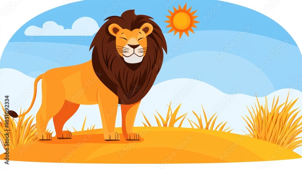A majestic lion standing proudly in a sunny savanna landscape, surrounded by golden grass and a bright blue sky.