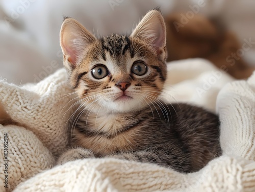 A cute tabby kitten with big, curious eyes looks at the camera while resting on a soft white blanket.